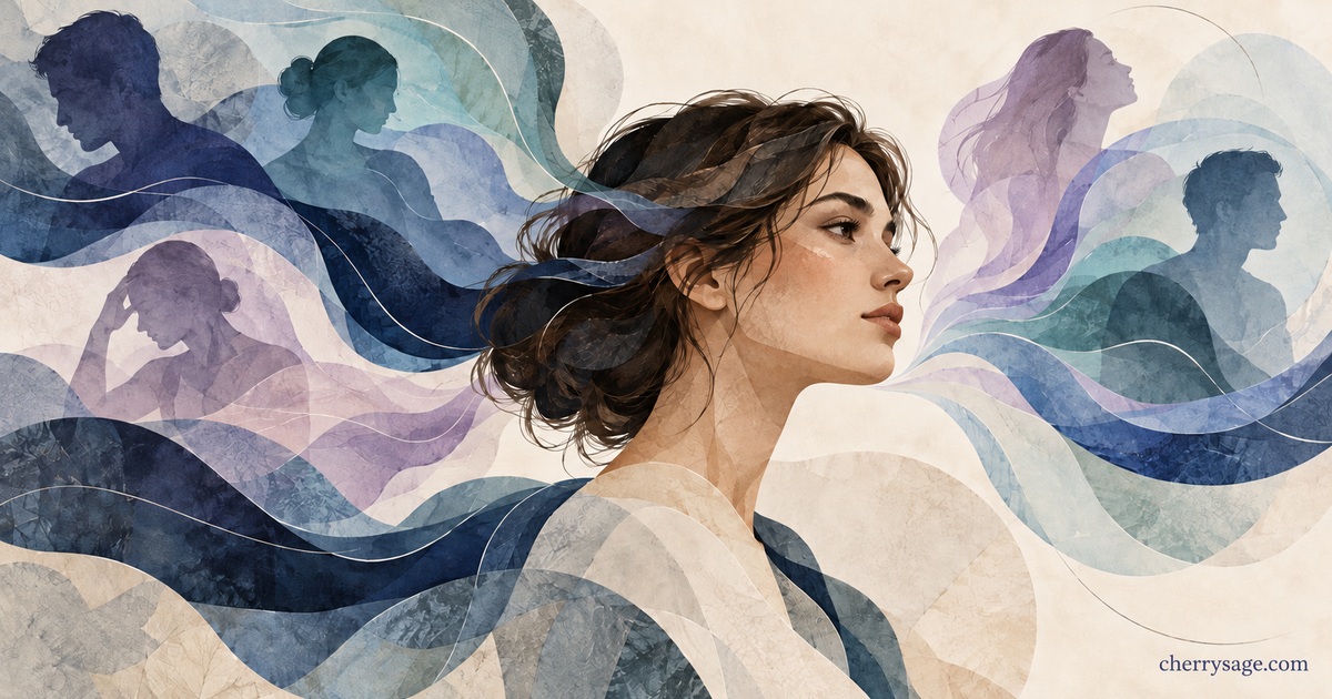 A young woman in profile surrounded by soft silhouettes of other people's feelings