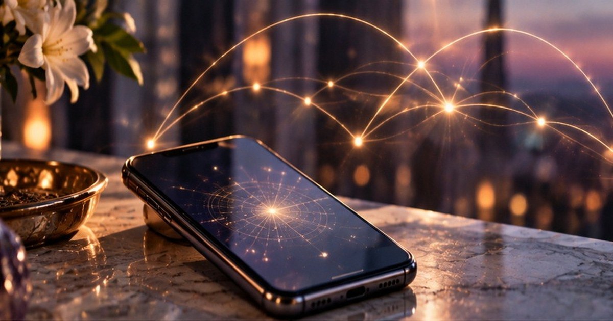 A smartphone on a marble counter with arcs of light reaching out over a city at dusk