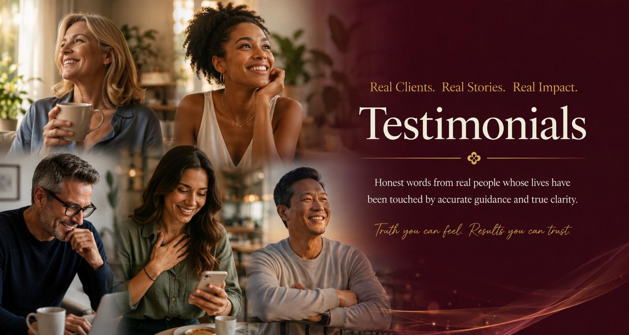 Testimonials — Real Clients. Real Stories. Real Impact. Honest words from real people whose lives have been touched by accurate guidance and true clarity.